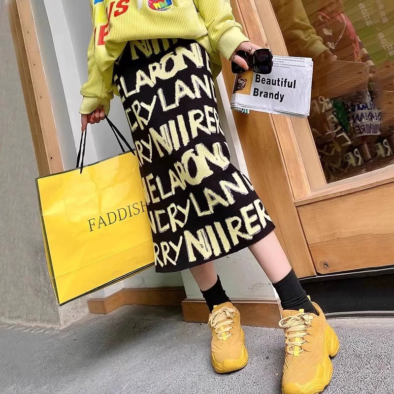 彩色Logo針織中長裙 X3461