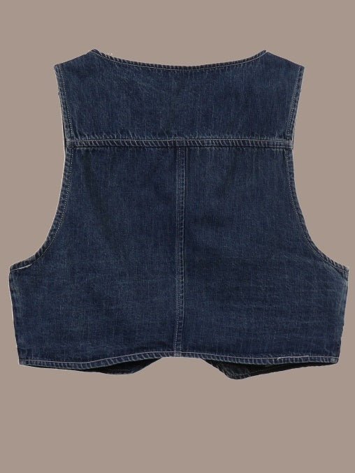 V-neck cropped denim vest jacket X3201