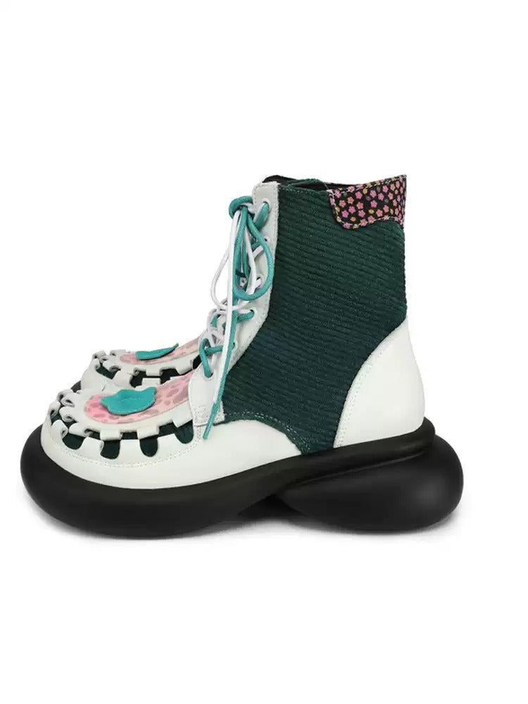 Colorblock Chunky Platform Lace-Up Mid Boots　X3483