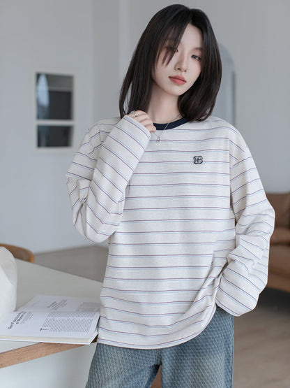 Contrasting stripe long sleeve T-shirt X3059