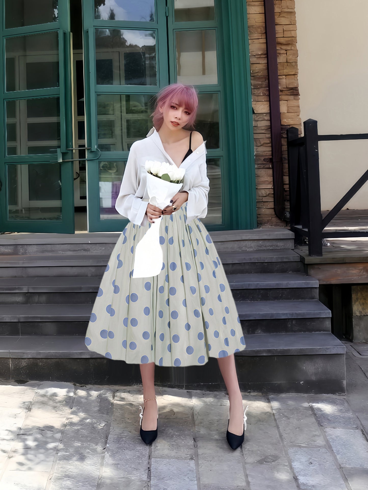 Polka Dot High Waist Flare Skirt　X3549