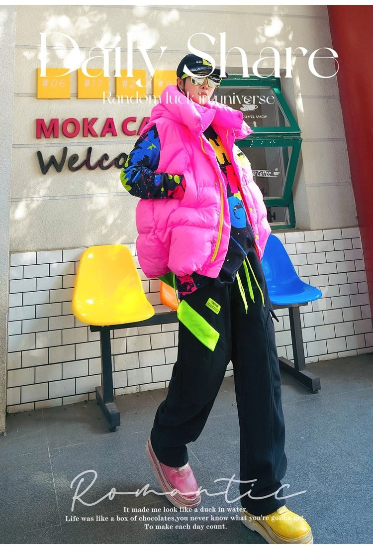 Neon Color Letter Patch Padded Vest X3429