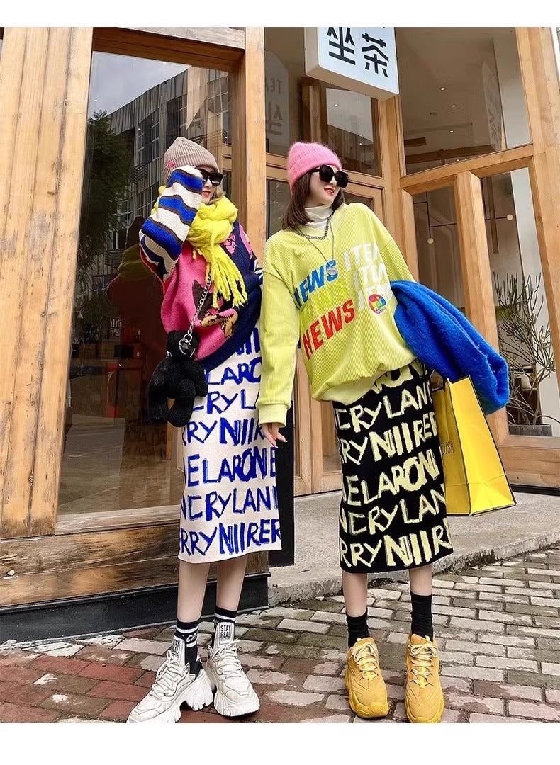 彩色Logo針織中長裙 X3461