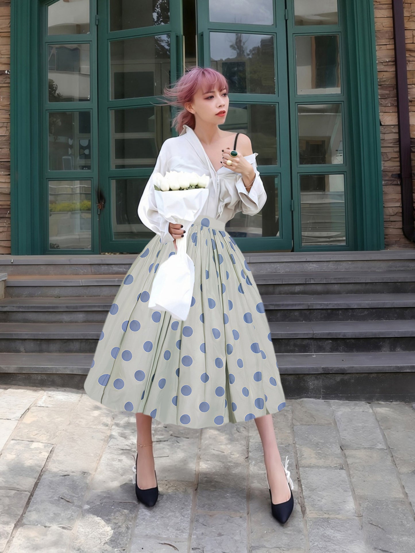 Polka Dot High Waist Flare Skirt　X3549
