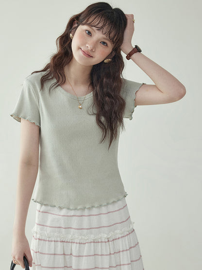 Cotton Jacquard Frill-Sleeve Short Tee　X3233