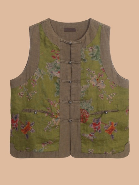 Flower print china style button vest X3098