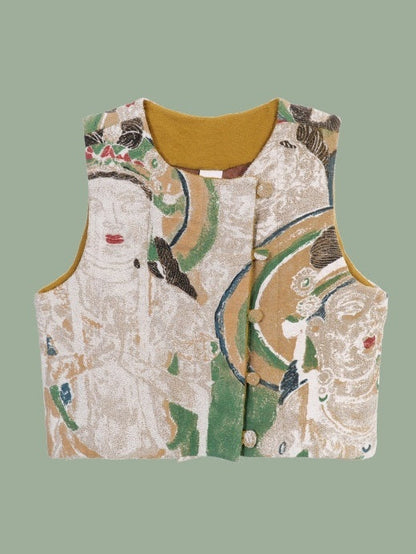 Dunhuang mural print round neck vest X3089