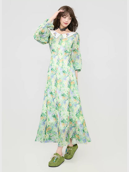 Floral Chiffon Puff Sleeve Long Dress　X3540