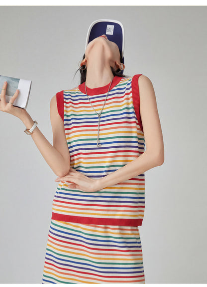 Dopamine Rainbow Stripe Sleeveless Top / Long Skirt