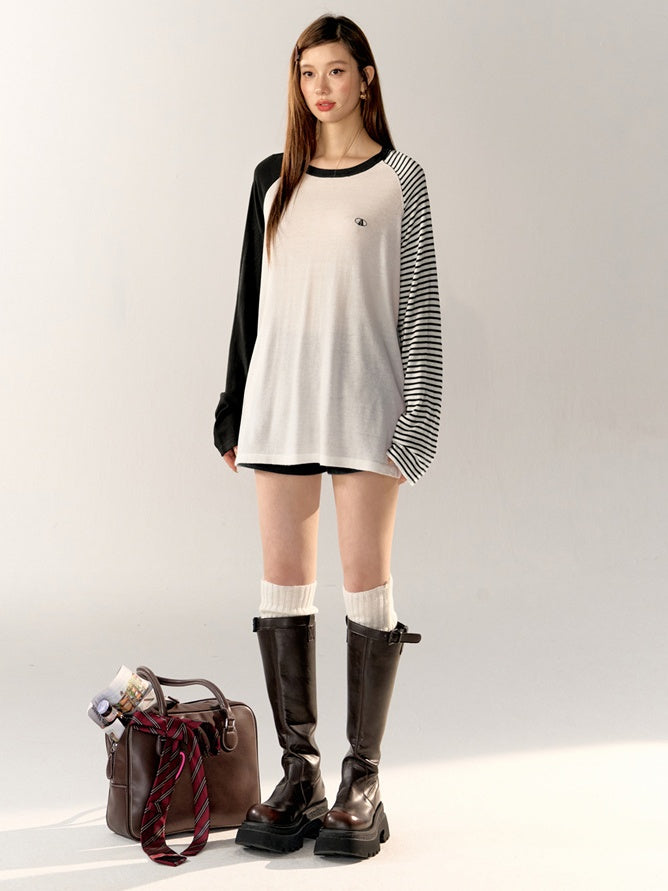 Raglan Sleeve Striped Loose T-Shirt　X3165