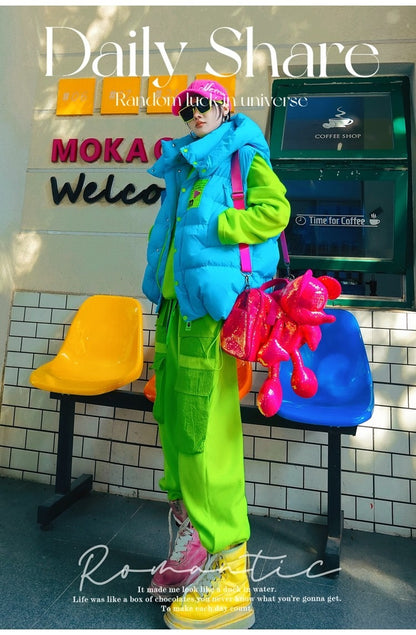 Neon Color Letter Patch Padded Vest X3429