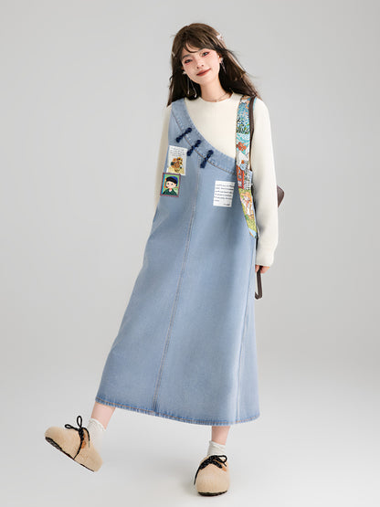 Art Print Denim Jumper Dress X3671