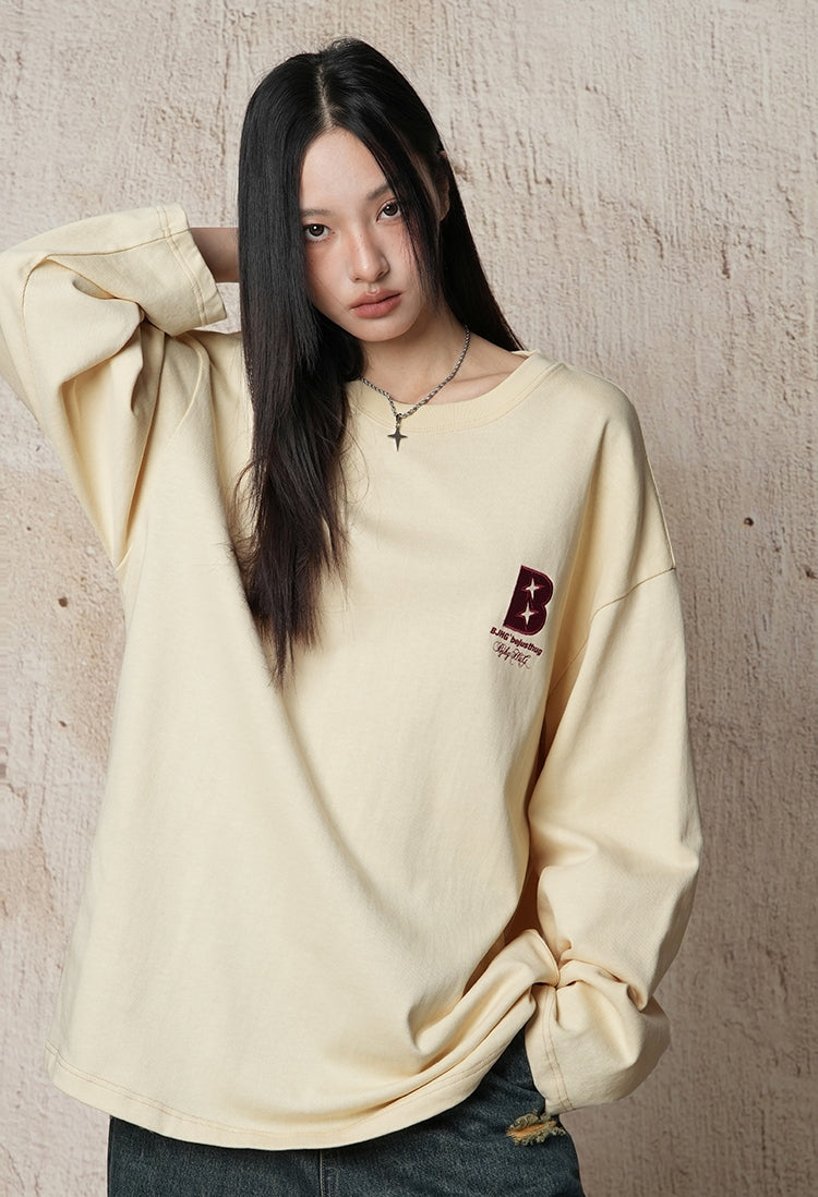 Cotton base round neck long-sleeved loose T-shirt X3061