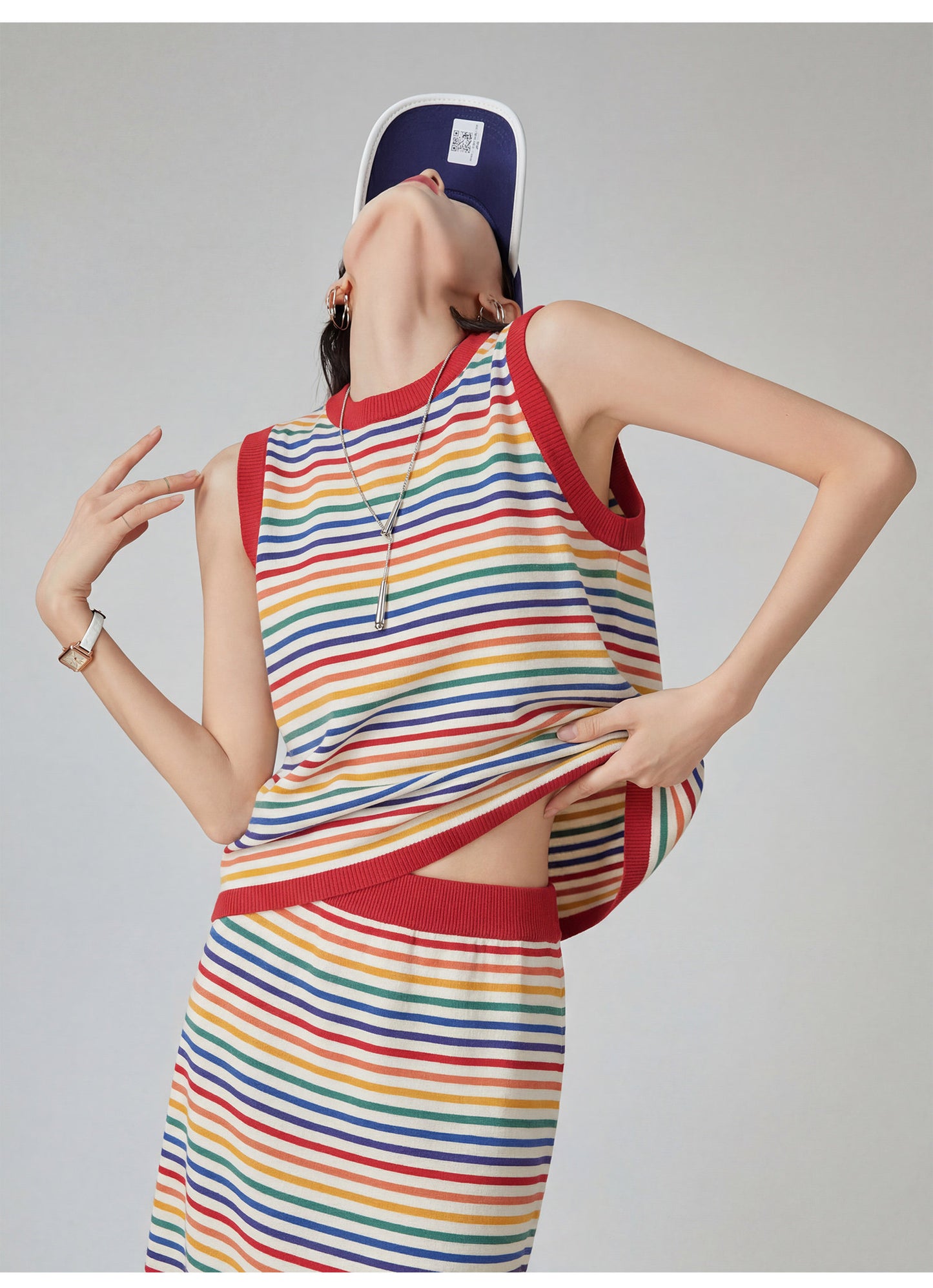 Dopamine Rainbow Stripe Sleeveless Top / Long Skirt