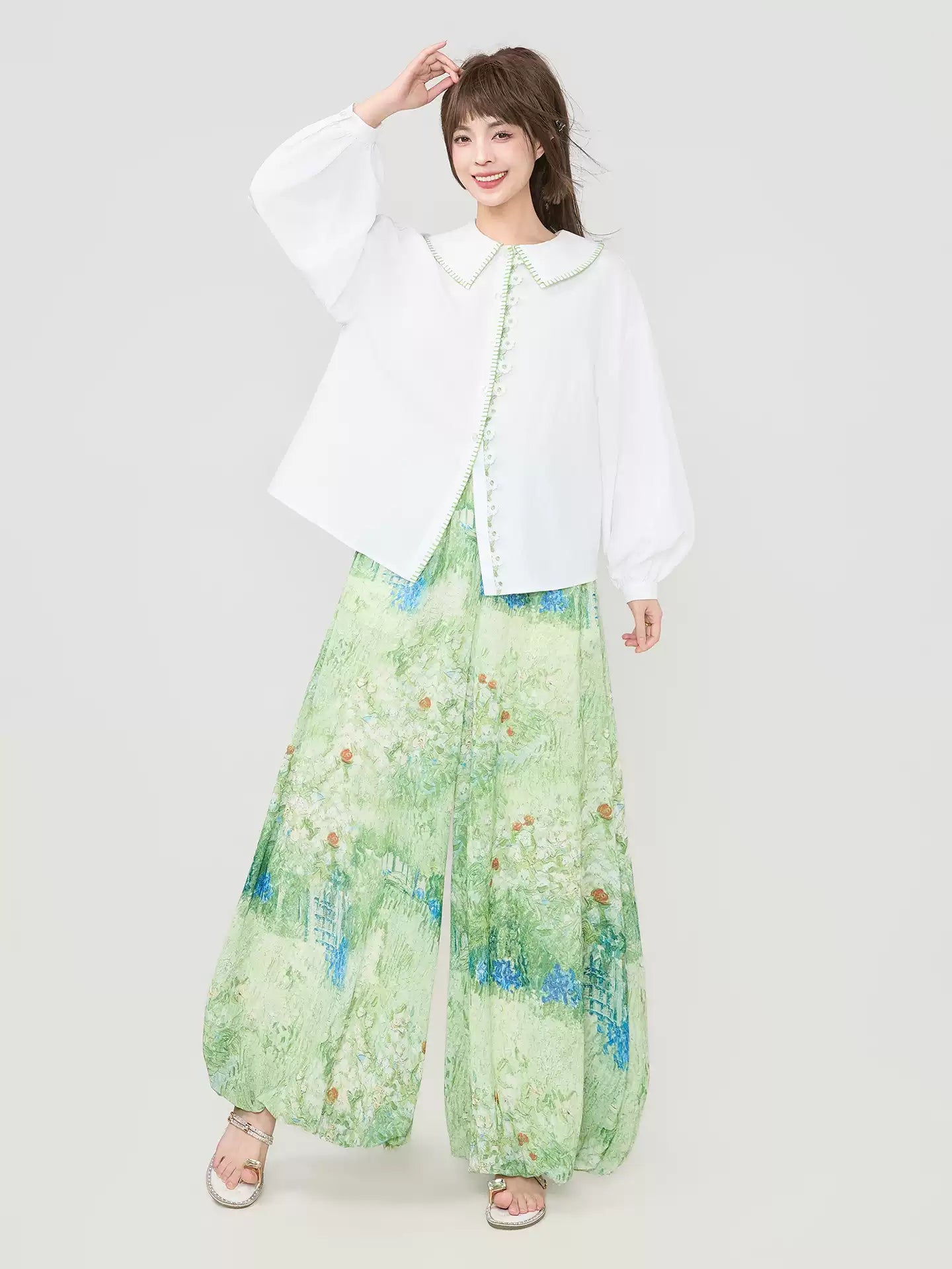 Floral Chiffon Wide-Leg Pants　X3539