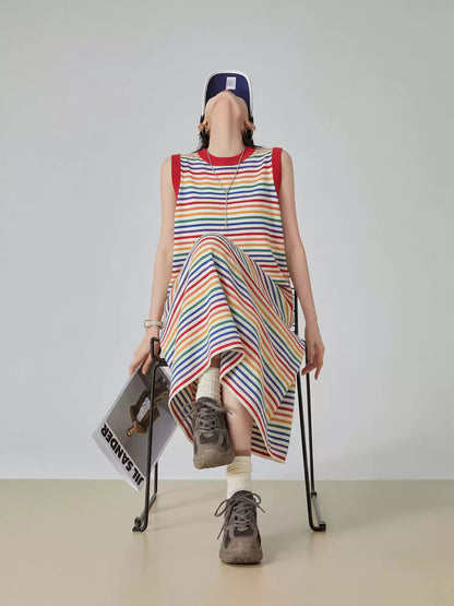 Dopamine Rainbow Stripe Sleeveless Top / Long Skirt