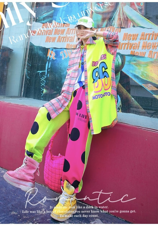 Neon Color-Block Polka Dot Loose Sweatpants　X3498