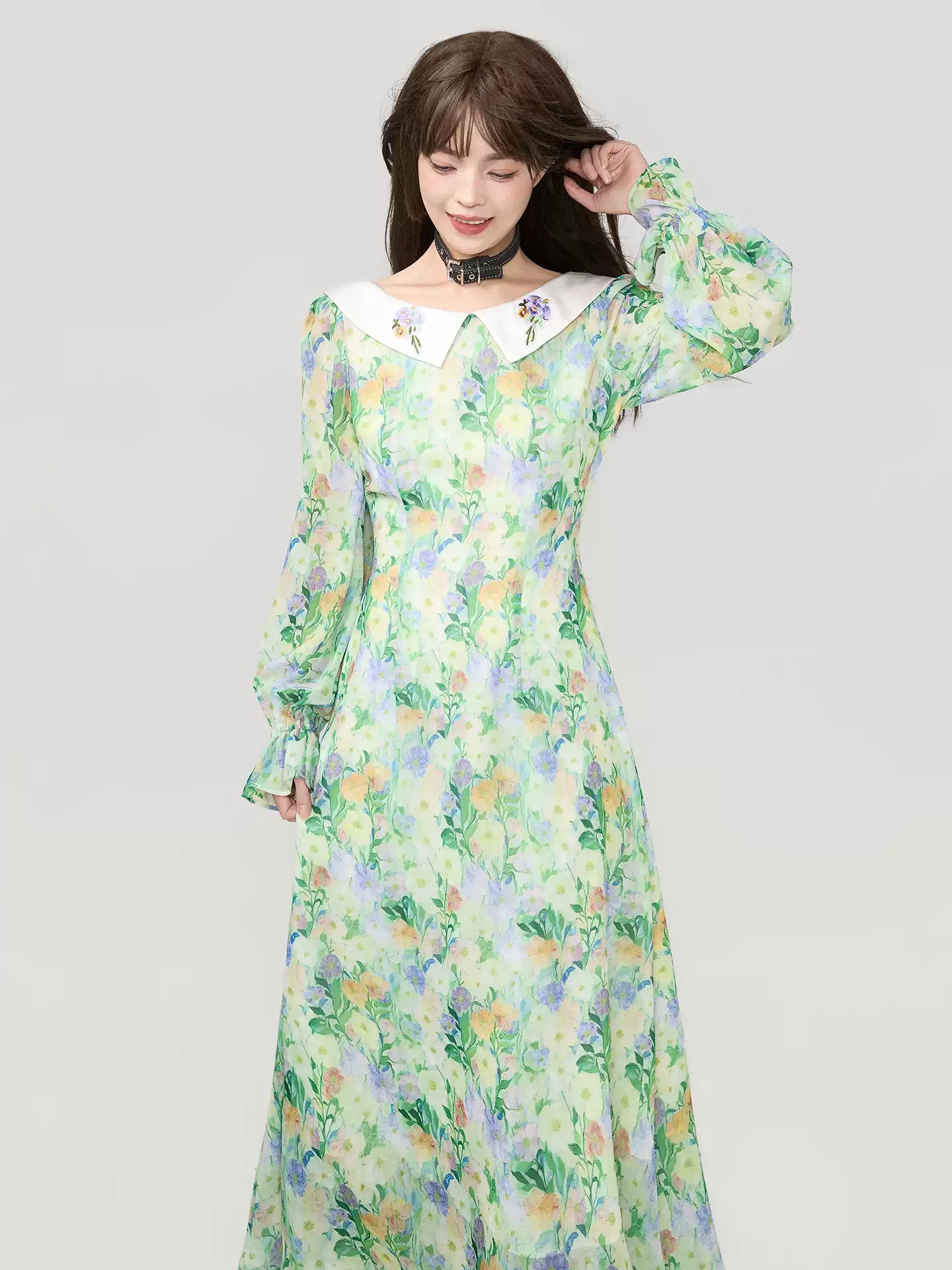 Floral Chiffon Puff Sleeve Long Dress　X3540