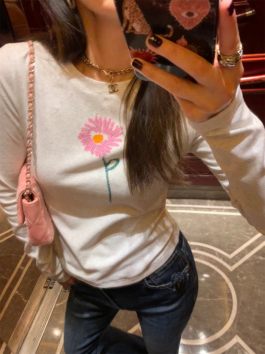 Rhinestone flower print long sleeves t-shirt　X3171