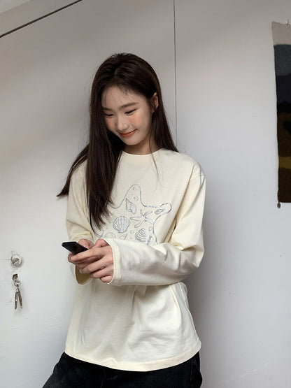 Loose Marine Print Long Sleeve T-Shirt X3138