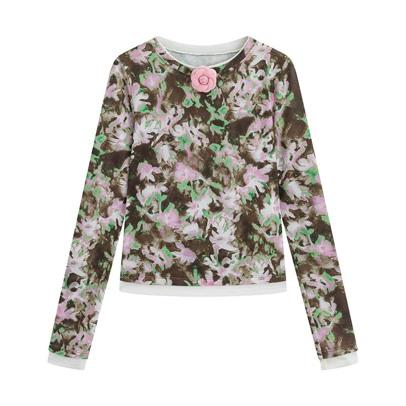 Printed Faux-Layered Patchwork Long-Sleeve Base Top　X3506