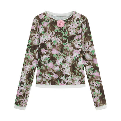 Printed Faux-Layered Patchwork Long-Sleeve Base Top　X3506