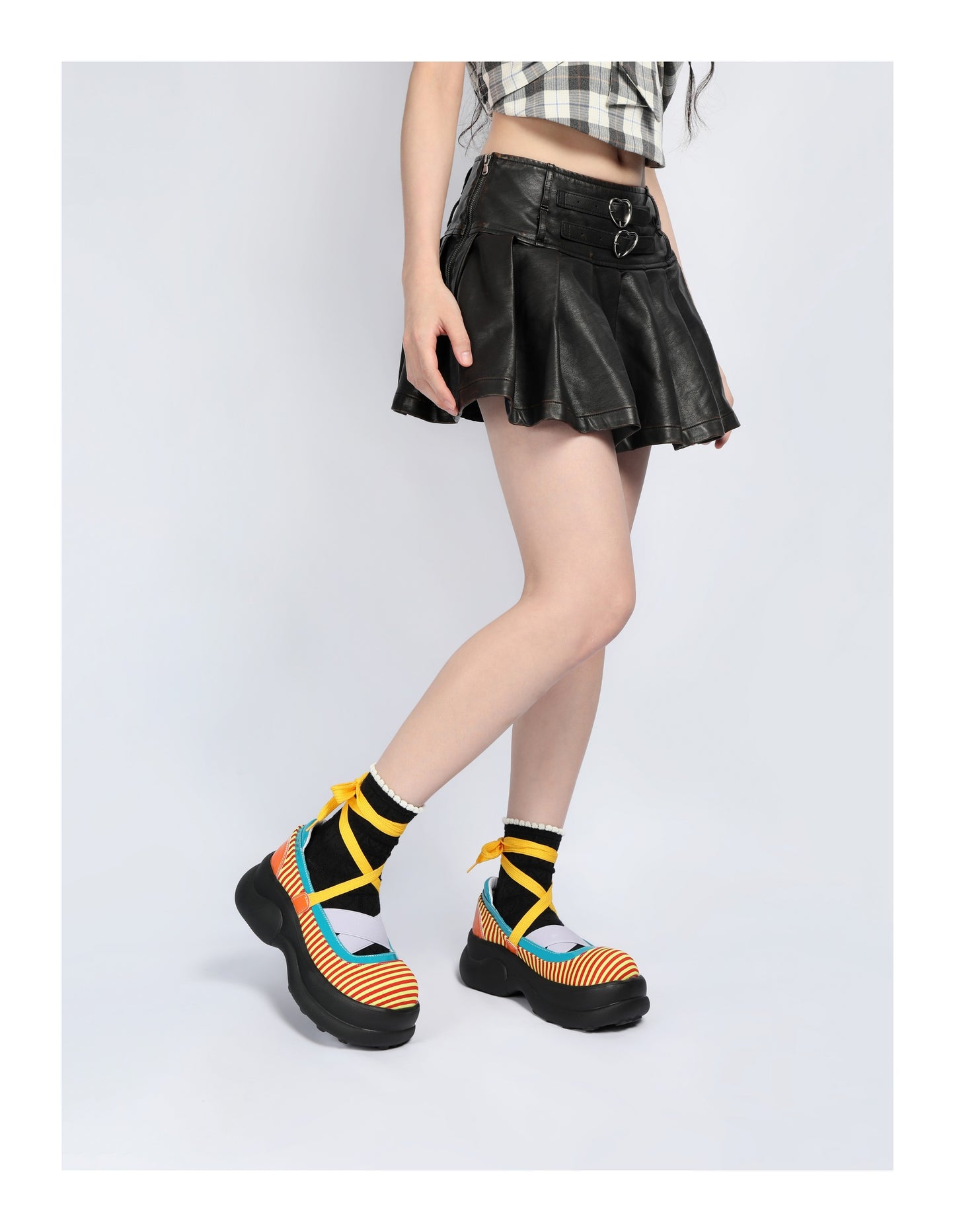 Colorblock Stripe Chunky Platform Lace-Up Shoes　X3481