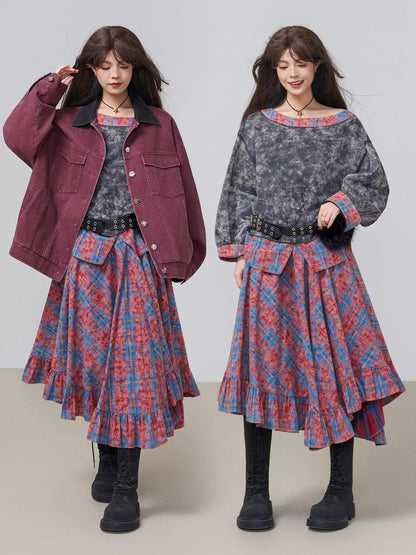 Washed Patchwork Boat-Neck Top X3454