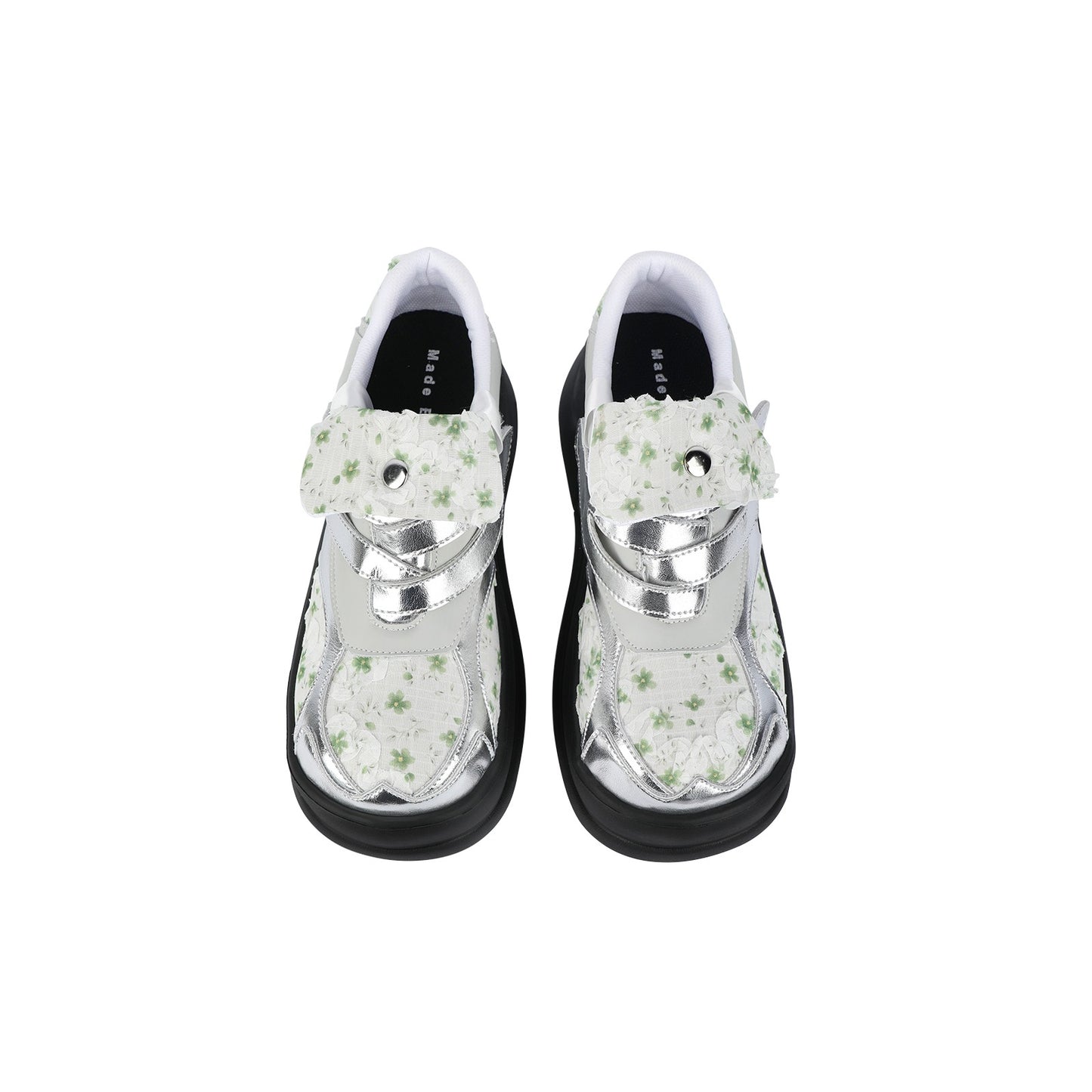 Floral Print & Silver Chunky Platform Velcro Shoes　X3478