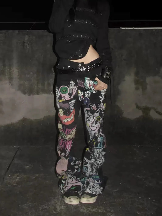 Graffiti Print Wide Leg Jeans　X3705