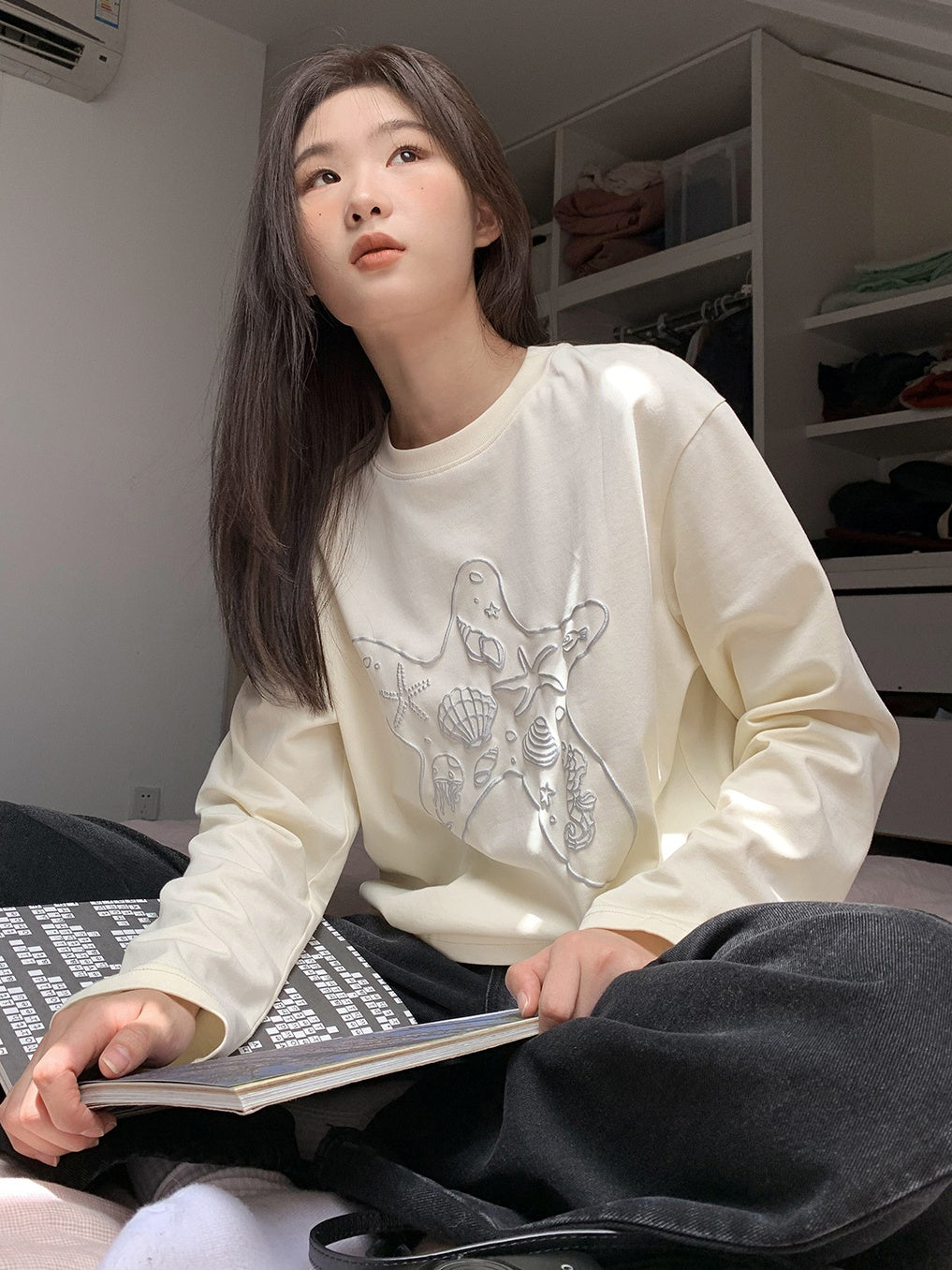 Loose Marine Print Long Sleeve T-Shirt X3138