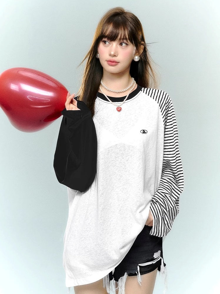 Raglan Sleeve Striped Loose T-Shirt　X3165