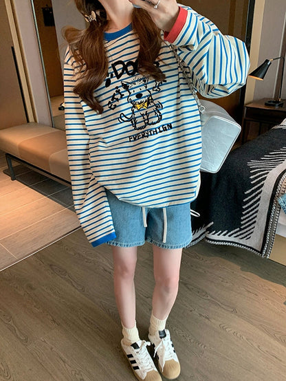 Blue striped puppy print long sleeve t-shirt X3039