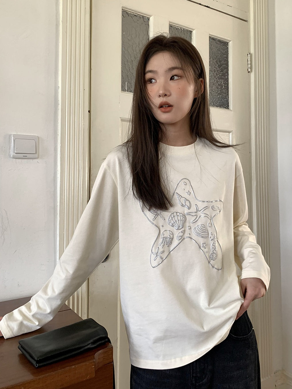 Loose Marine Print Long Sleeve T-Shirt X3138