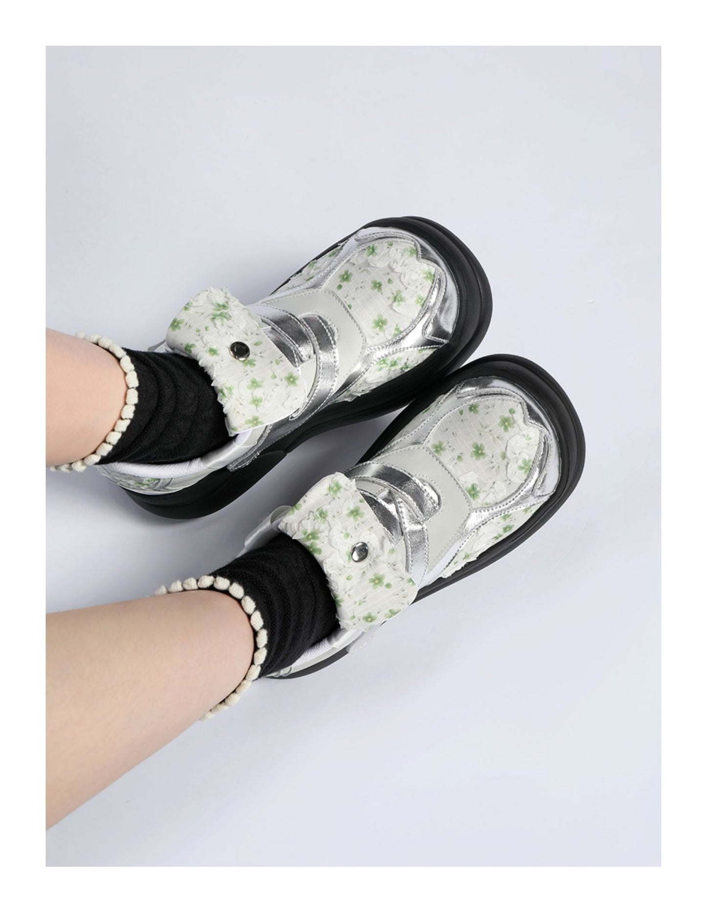 Floral Print & Silver Chunky Platform Velcro Shoes　X3478