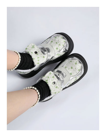 Floral Print & Silver Chunky Platform Velcro Shoes　X3478