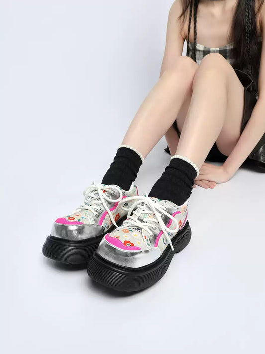 Colorblock Floral Chunky Platform Lace-Up Shoes　X3479