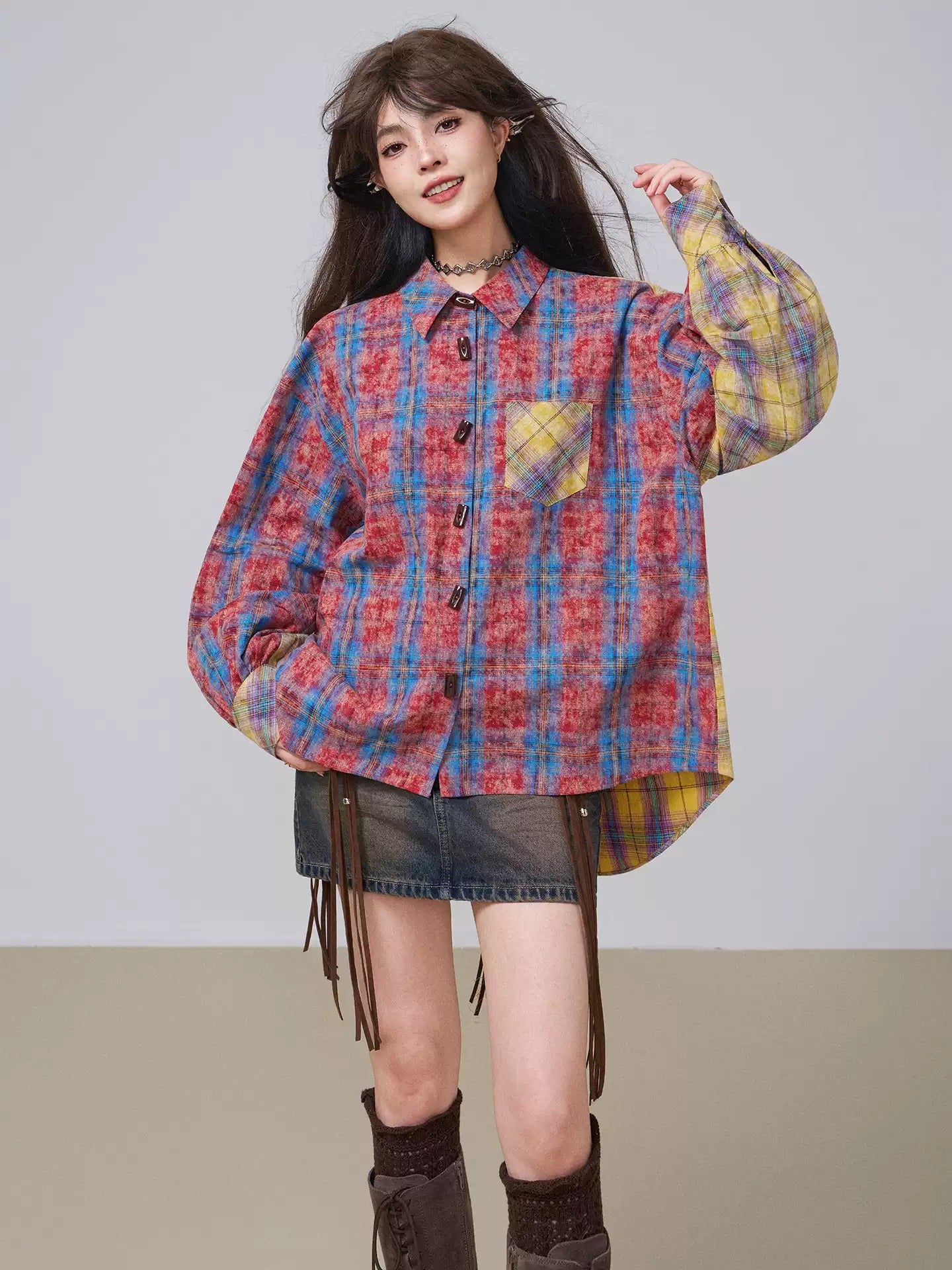 Retro Color-Block Cotton Check Shirt &amp; Skirt Set X3453
