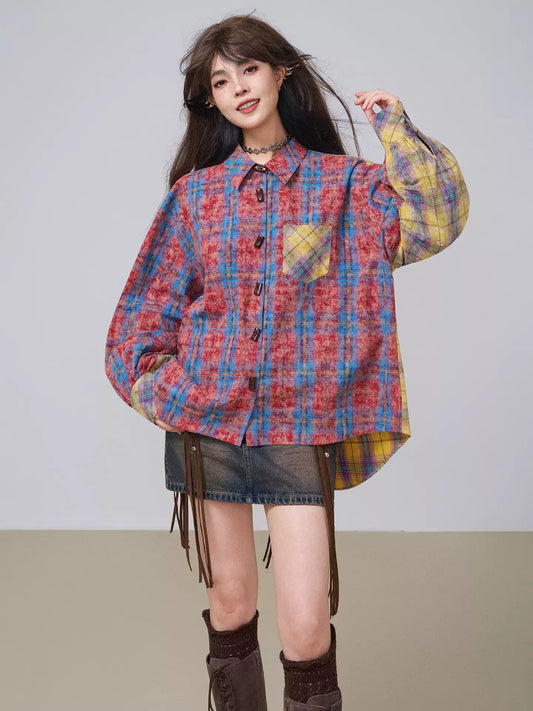 Retro Color-Block Cotton Check Shirt &amp; Skirt Set X3453
