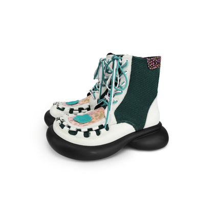 Colorblock Chunky Platform Lace-Up Mid Boots　X3483