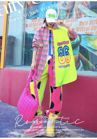 Neon Color-Block Polka Dot Loose Sweatpants　X3498