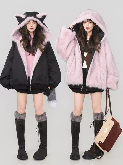 雙面仿狐狸毛連帽羽絨外套 X3450