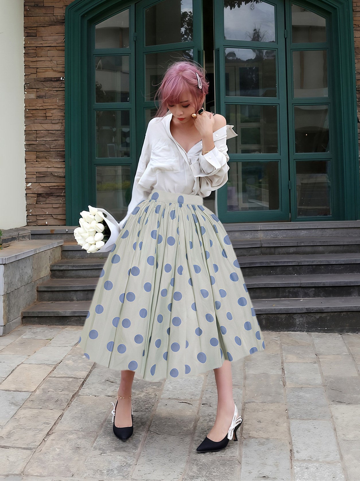 Polka Dot High Waist Flare Skirt　X3549