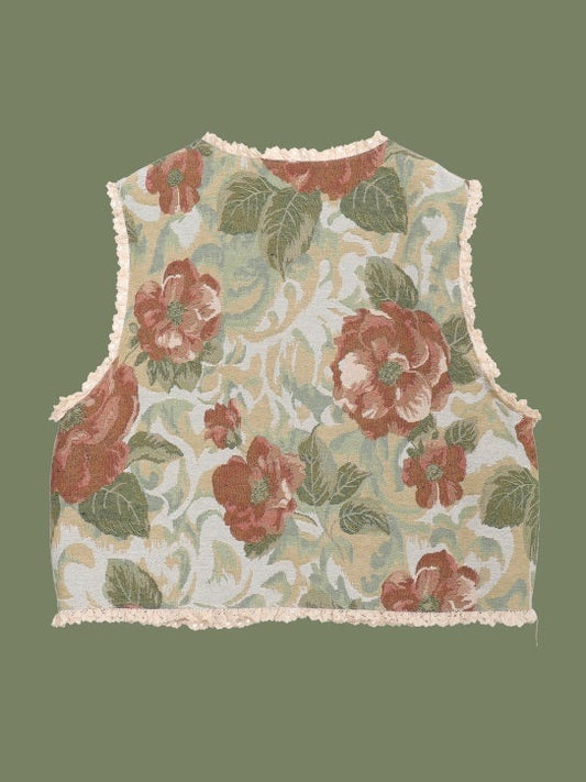 Retro style flower pattern short vest　X3169