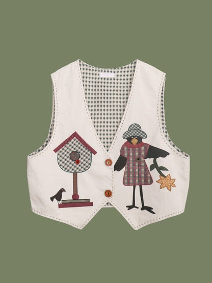 Retro style cute illustration vest X3168