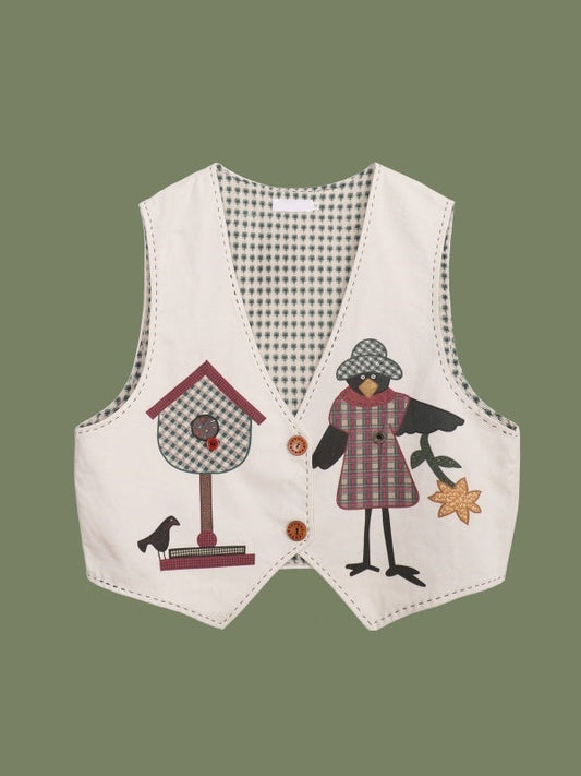 Retro style cute illustration vest　X3168