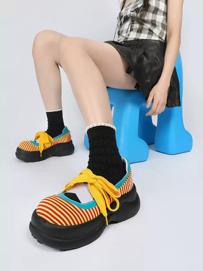 Colorblock Stripe Chunky Platform Lace-Up Shoes　X3481