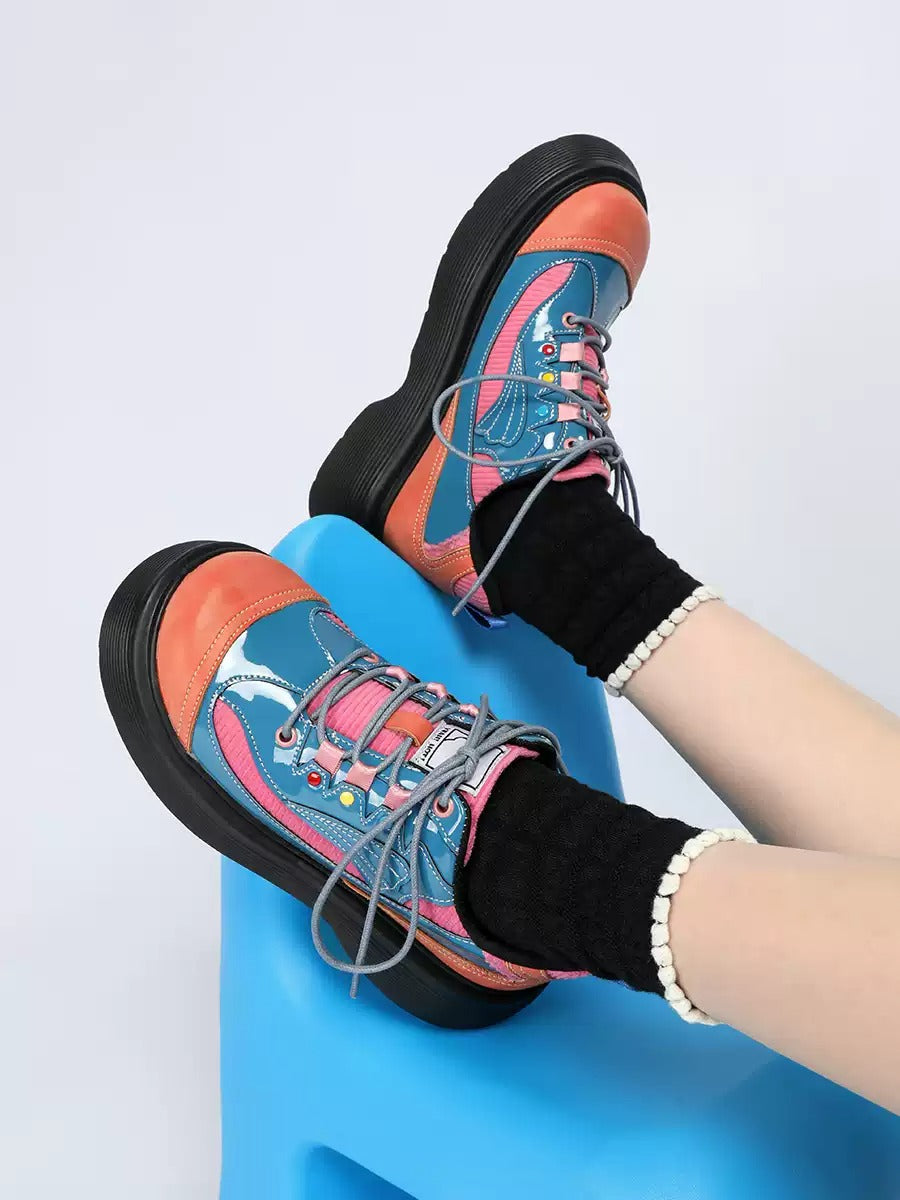 Colorblock Chunky Platform Lace-Up Shoes　X3482