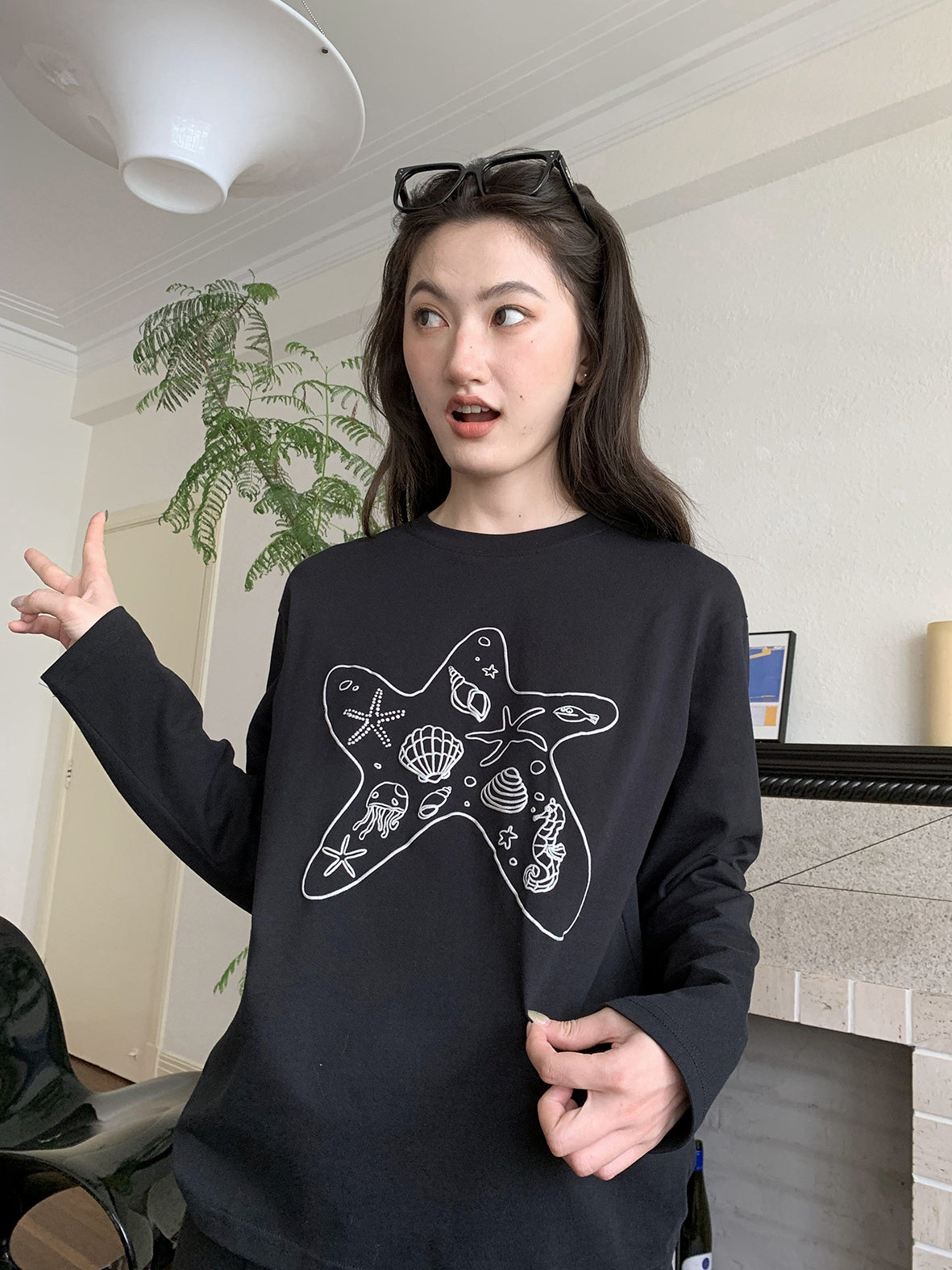 Loose Marine Print Long Sleeve T-Shirt X3138