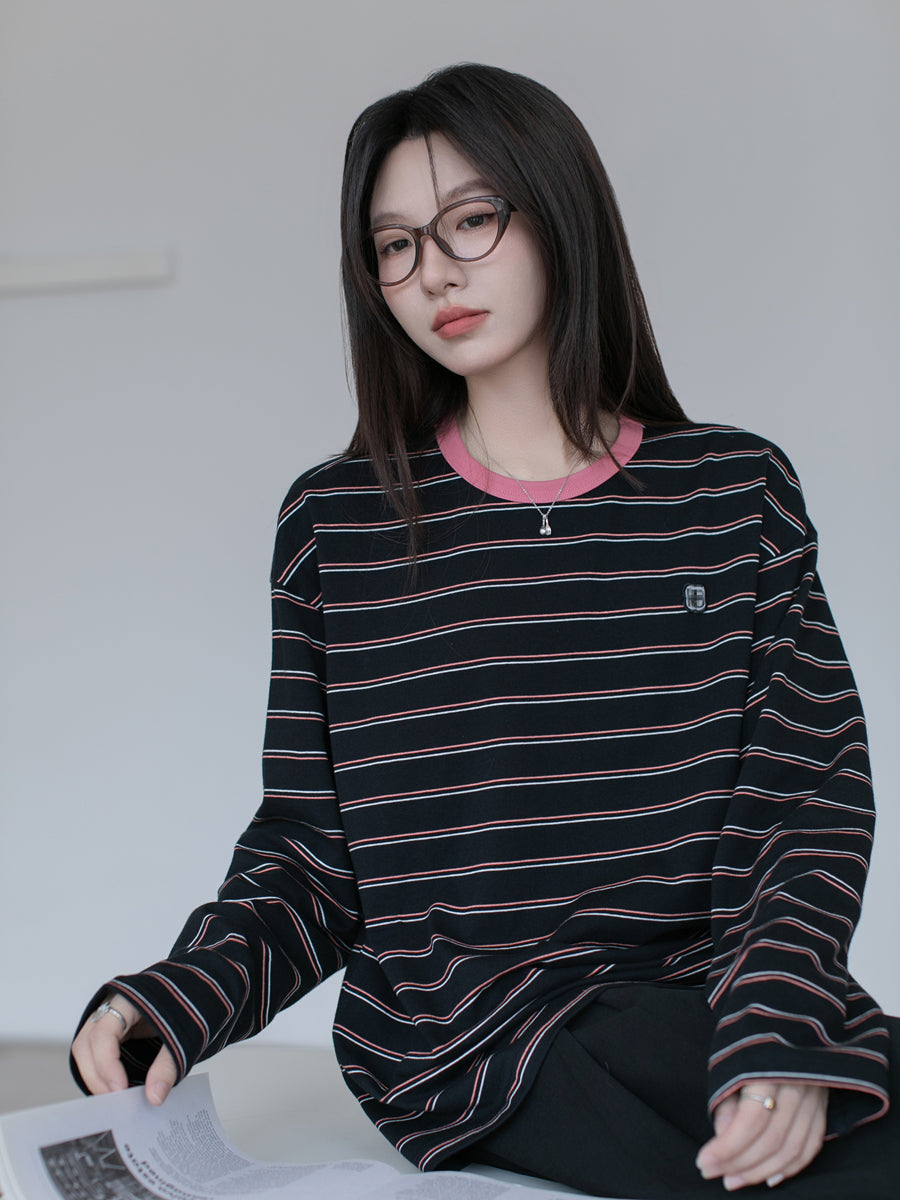 Contrasting stripe long sleeve T-shirt X3059